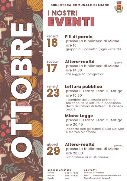 BIBLIOTECA COMUNALE DI MIANE - CALENDARIO OTTOBRE 2026