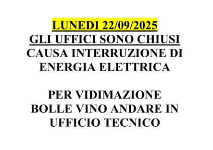 CHIUSURA UFFICI IL 22.09.2025 PER INTERRUZIONE ENERGIA ELETTRICA