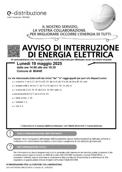 AVVISO SOSPENSIONE ENERGIA ELETTRICA IL GIORNO 19.05.2025 AVVISO SOSPENSIONE ENERGIA ELETTRICA IL GIORNO 19.05.2025
