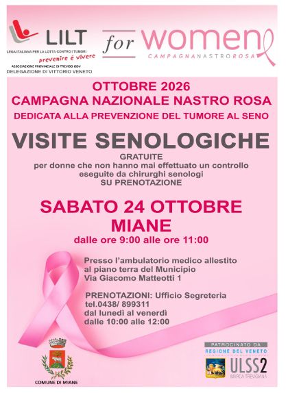 CAMPAGNA NAZIONALE NASTRO ROSA  VISITE SENOLOGICHE GRATUITE Sabato 24 ottobre 2026
